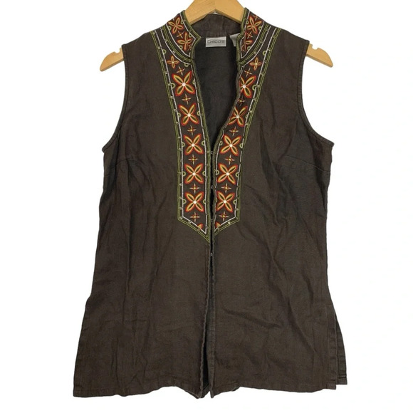 Chico’s 100% Linen Bohemian Sleeveless Blouse Vest Floral Embroidered Brown Sz 1 - Picture 2 of 8
